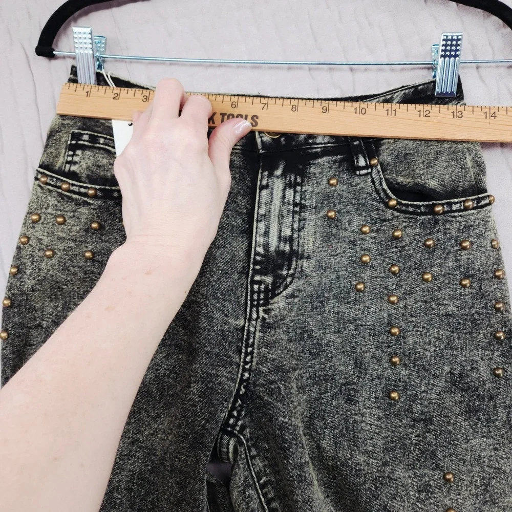 Mebon by Machine Studded Jeans 3 Jr Women Black Acid Wash Wide Leg High Rise NEW